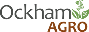 Logotipo da Ockham Agro. Na parte superior, a palavra Ockham em fonte grafite com um ícone verde estilizado de folhas e uma hélice de DNA. Na parte inferior alinhada à direita, a palavra AGRO em letras maiúsculas em tom terracota.